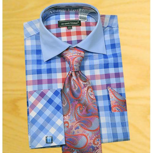 Avanti Uomo Blue / Pink / White Check Design Shirt / Tie / Hanky Set With Free Cufflinks DN60M.